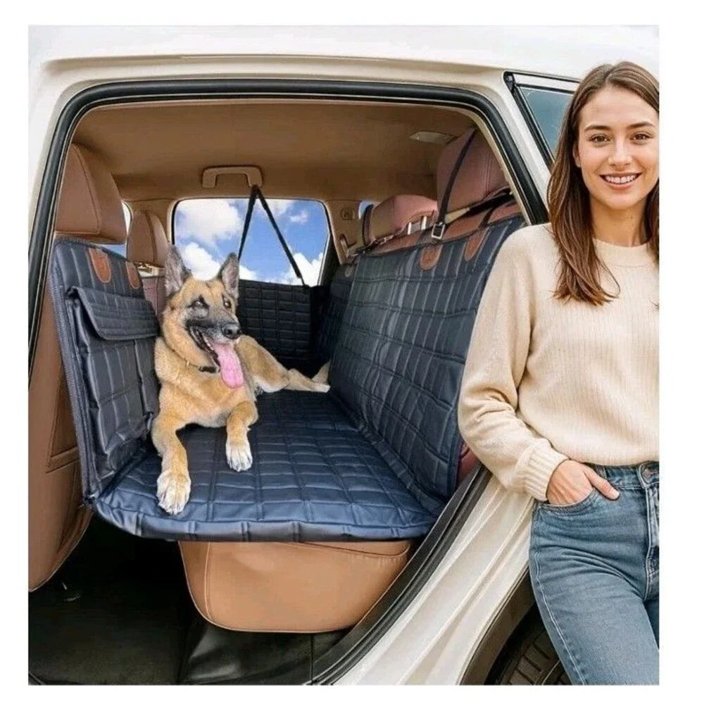 Dog Car Seat Cover for Back Seat Hard Bottom Black Leather - With Door Covers